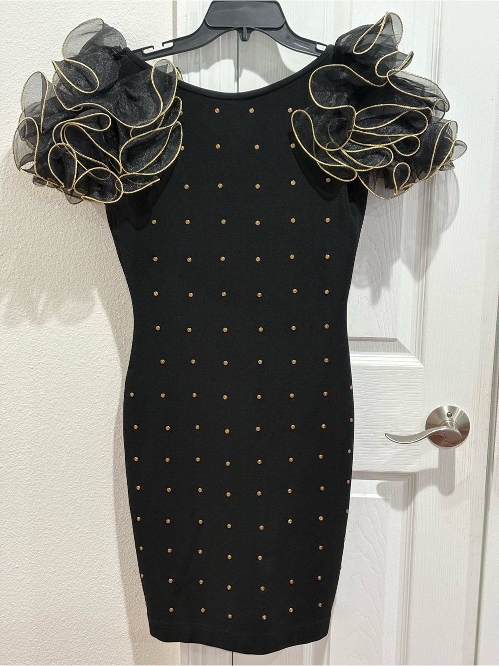 Vintage Lillie Rubin bodycon 1980 Black Cocktail Dress Gold Accent Puff Sleeves